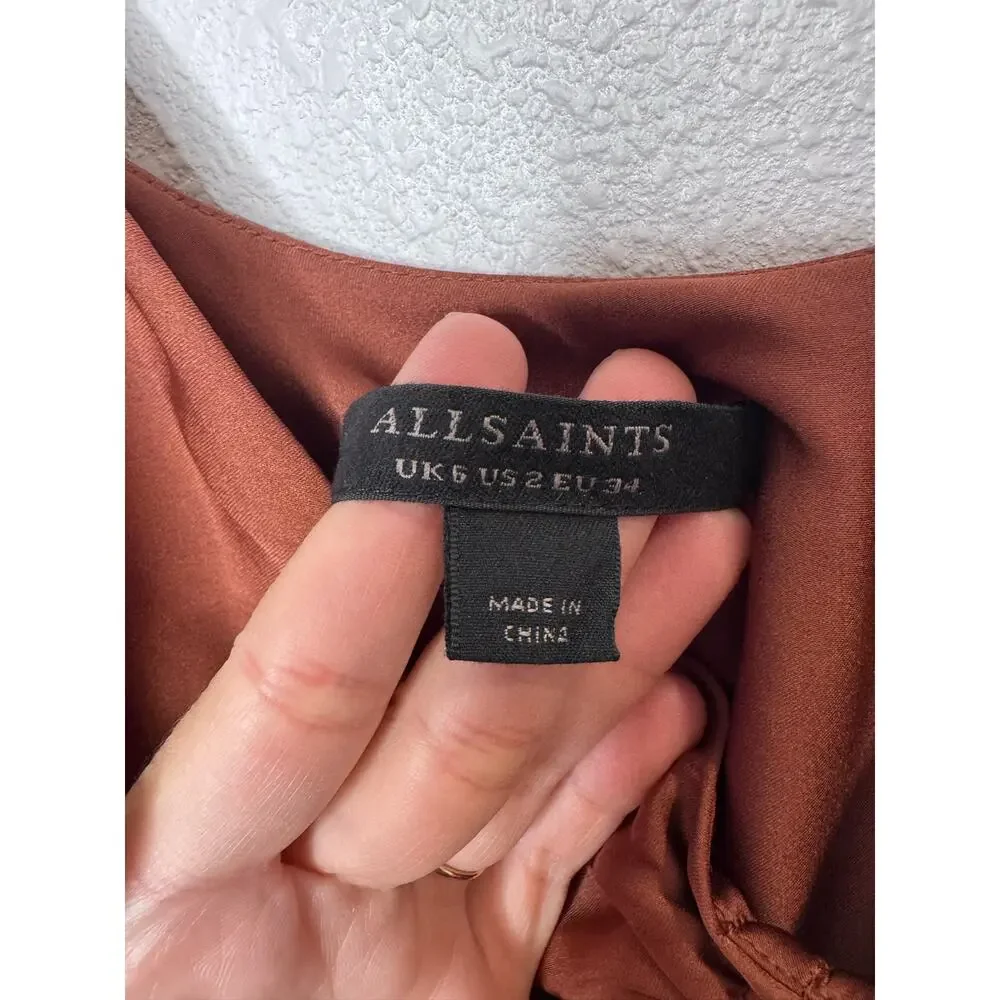 AllSaints Alexia ruched satin asymmetric midi dress in bronze Size 2 XS - Picture 8 of 8